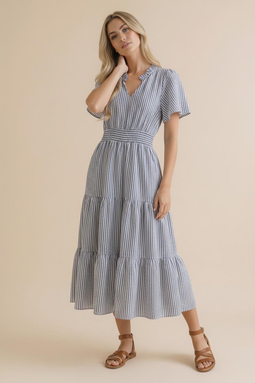Ivory & Navy Vertical Striped Tiered Maxi Dress