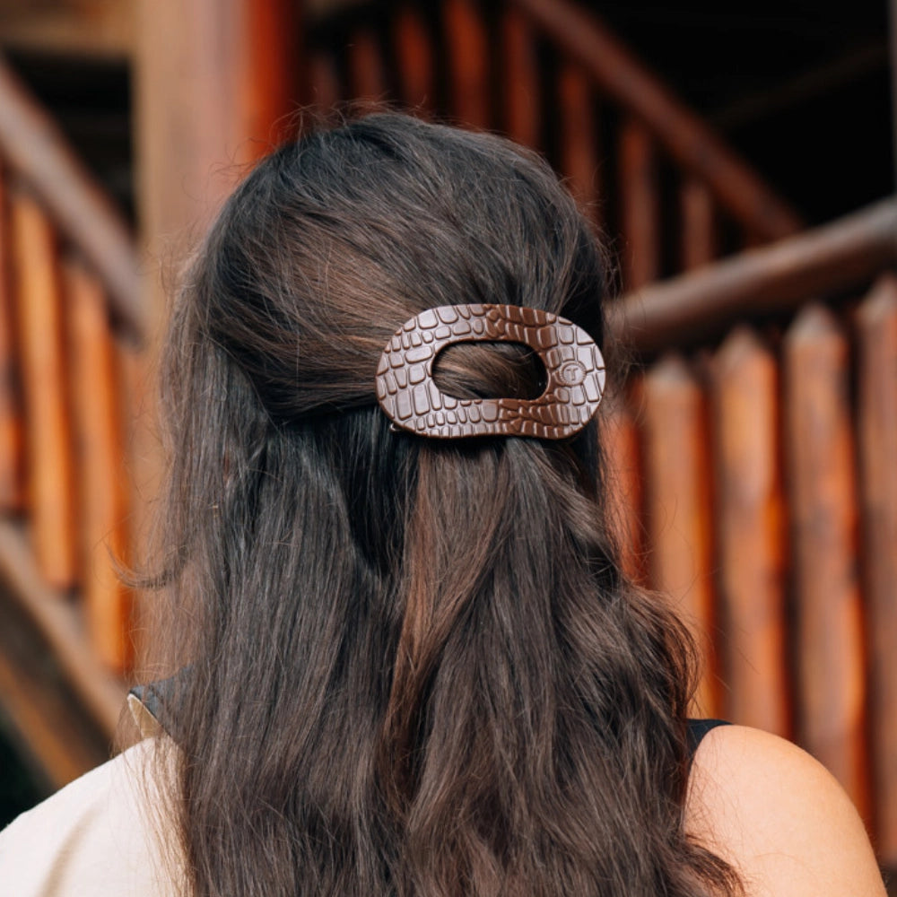 Medium Teleties Flat Oval Clip - Brown Crocodile