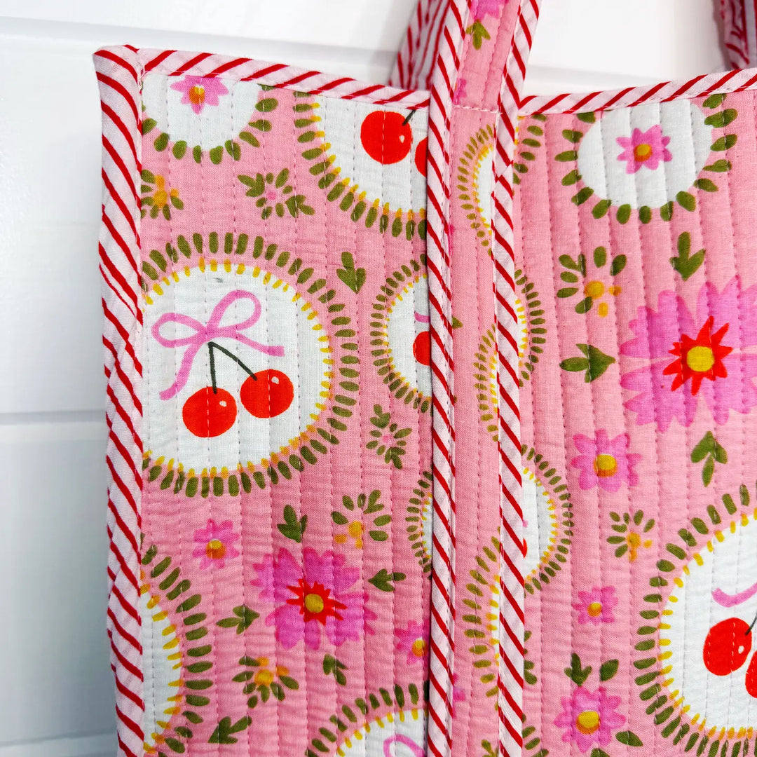 Large Reversible Quilted Tote Bag - Pink Cherries & Bows by Folklore Couture
