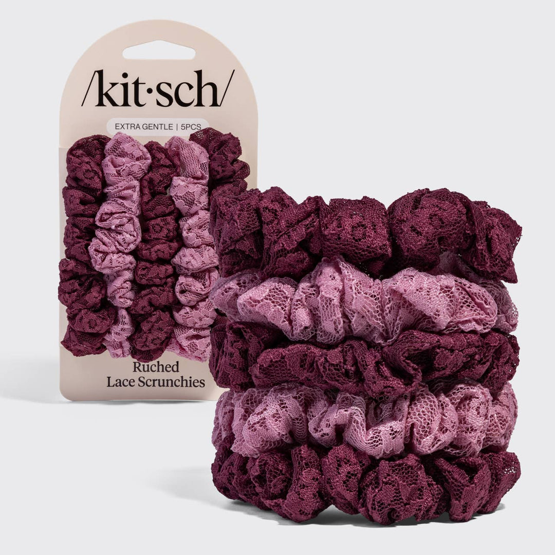 Ruched Lace Scrunchies 5pc Set - Cherry Lacquer & Dusty Pink