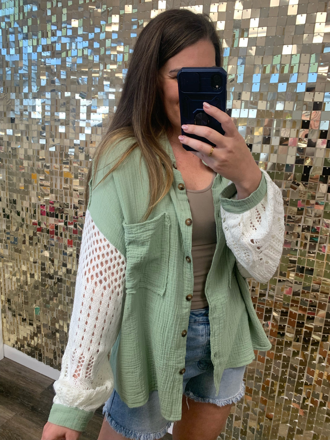 Crochet Sleeve Shacket by POL Pistachio Sage - Main Image