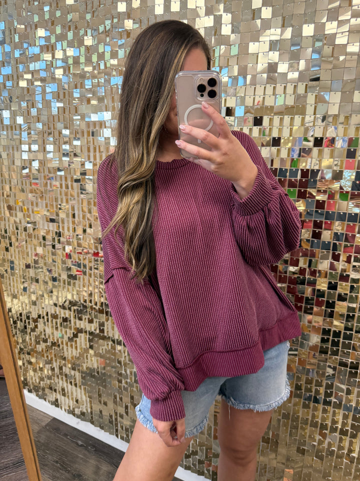 Drop Shoulder Ribbed Long Sleeve Reverse Knit Top - Wine