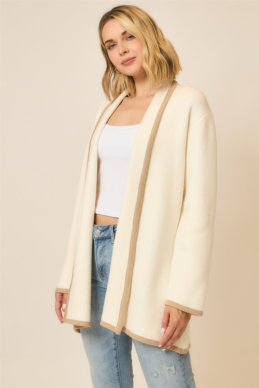 Contrast Hem Stripe Heavy Knit Cardigan - Cream/Taupe by Cozy Co