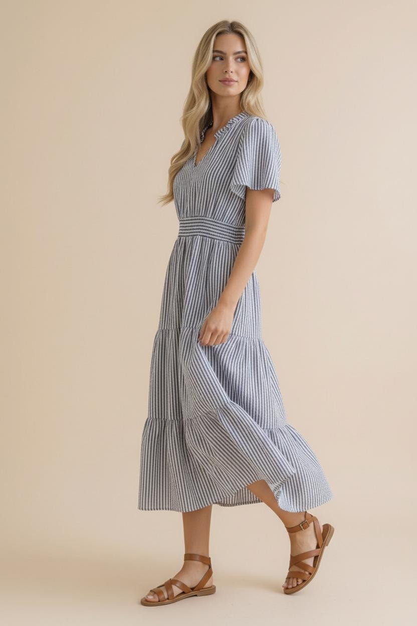 Ivory & Navy Vertical Striped Tiered Maxi Dress