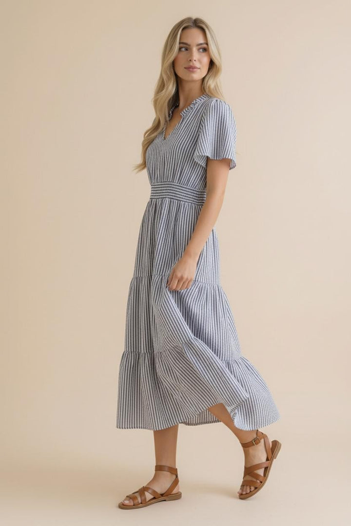 Ivory & Navy Vertical Striped Tiered Maxi Dress