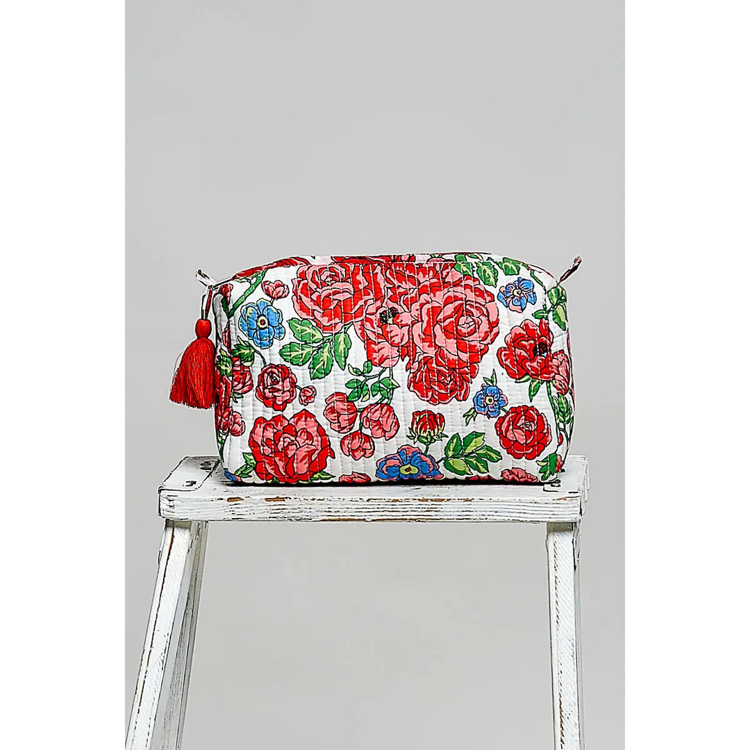 Floral Quilted Tassel Cosmetic Pouch - Red Floral by POL