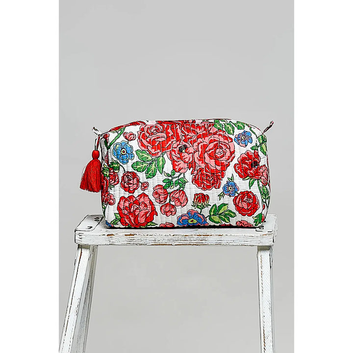 Floral Quilted Tassel Cosmetic Pouch - Red Floral by POL