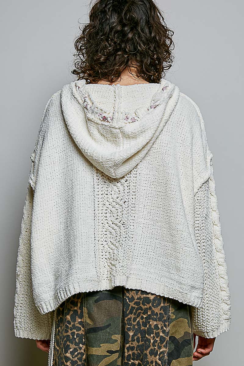 Chunky Hooded Cable Knit Pullover Sweater by POL - Cream