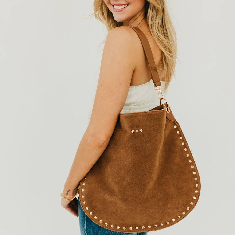 Rosalie Rivet Suede Hobo Bag - Camel by Pretty Simple