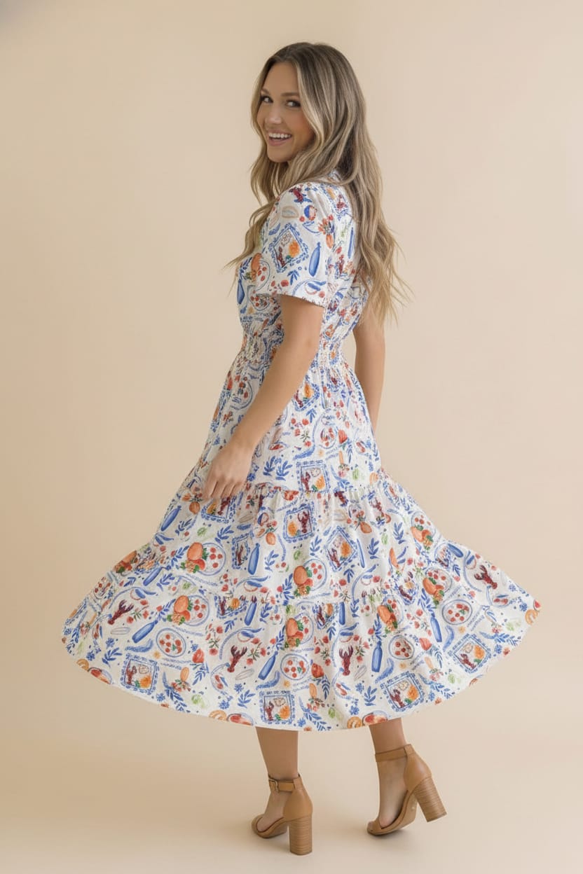 Notch Neck Smocked Waist Lobster Maxi Dress