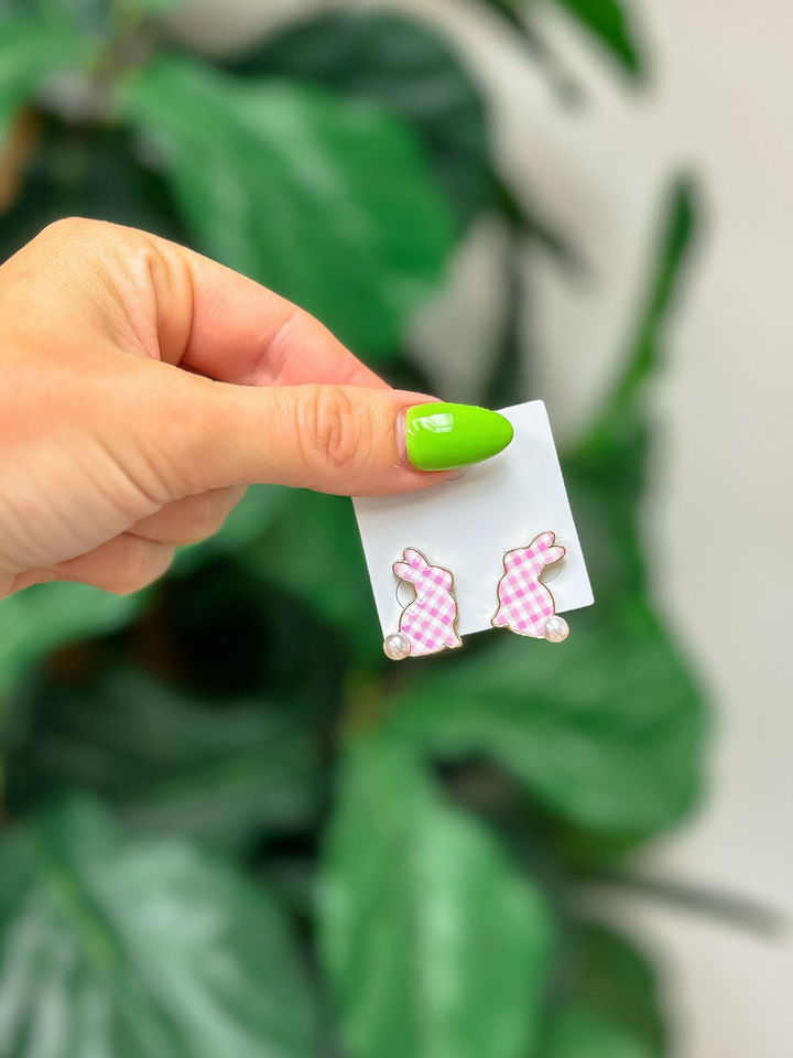 Pink Gingham Pearl Bunny Stud Earrings