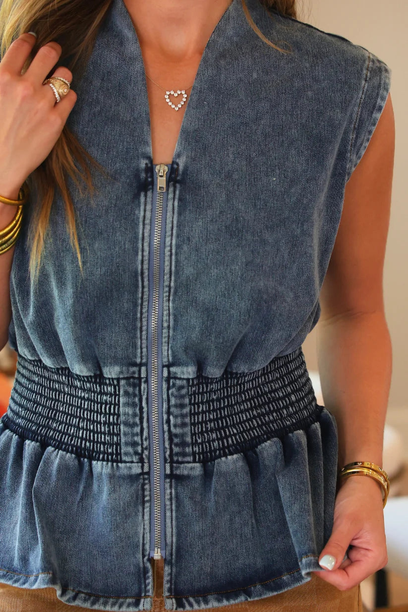 Refined Denim Peplum Top- Light Wash By Jess Lea (Ships Late October)