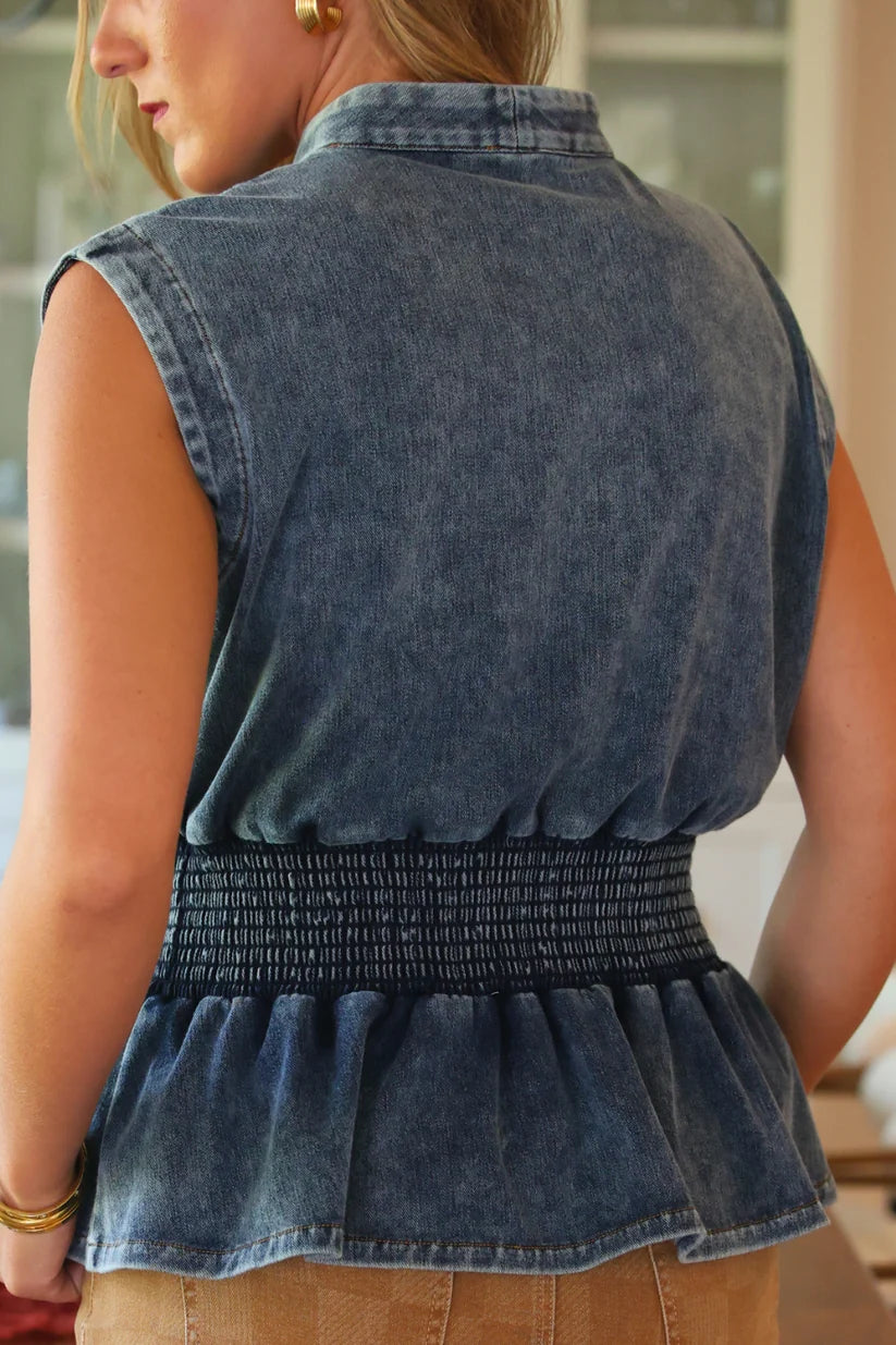 Refined Denim Peplum Top- Light Wash By Jess Lea (Ships Late October)