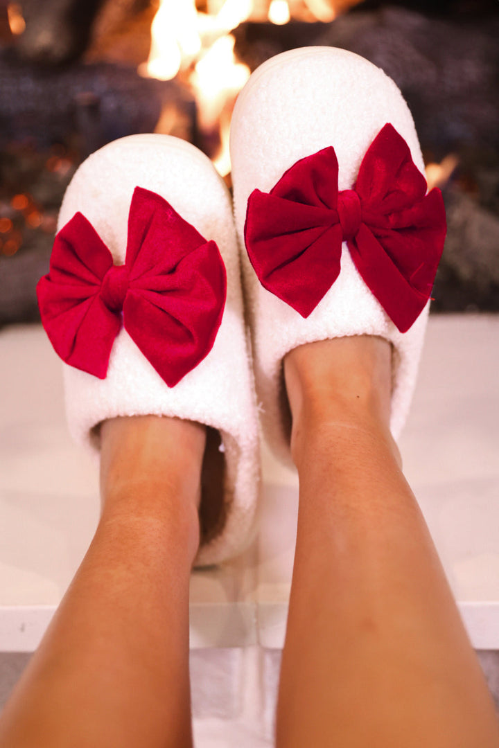 Cozy Bow Slippers- White/Red by Jess Lea (PREORDER: Ships in October)
