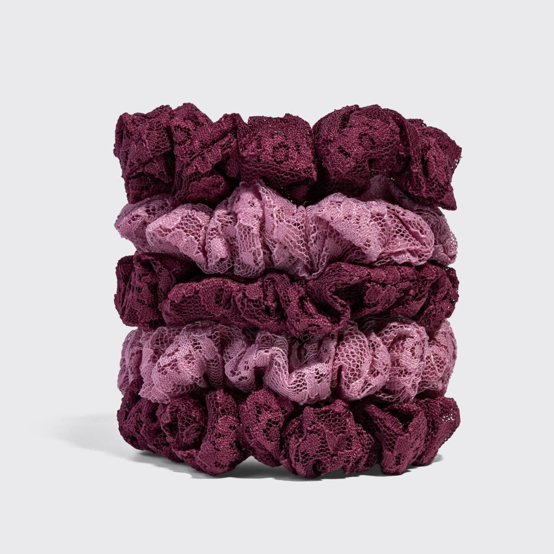 Ruched Lace Scrunchies 5pc Set - Cherry Lacquer & Dusty Pink