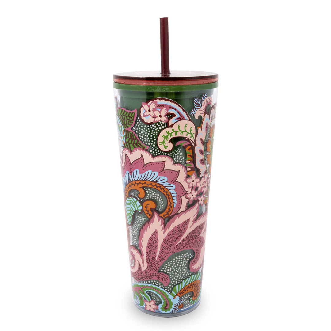Vera Bradley Leaf Me Not Paisley double wall tumbler with a bold paisley print in pink, green, and orange tones, dark burgundy lid, and matching burgundy straw