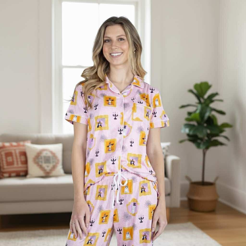 Gilded Ghouls Short Sleeve Button Up Sleep Shirt