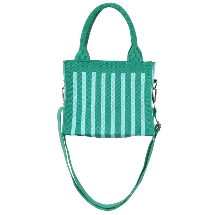 Green and mint stripe mesh mini tote bag with padded top handles and detachable green crossbody strap, front view.