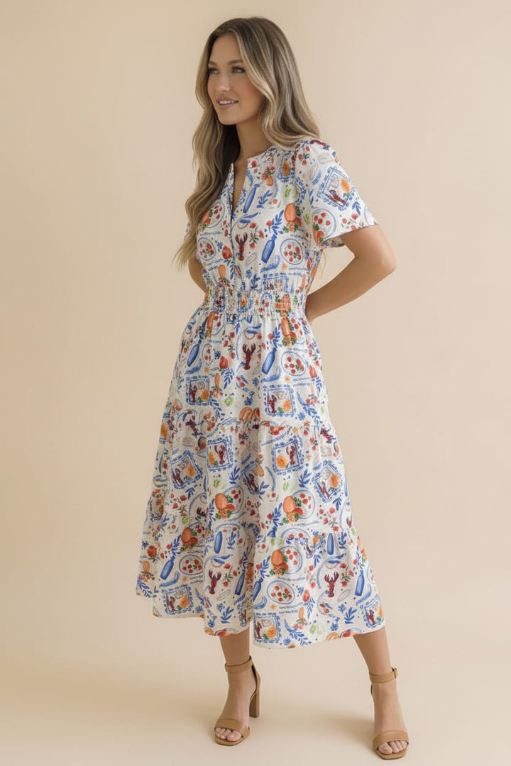 Notch Neck Smocked Waist Lobster Maxi Dress