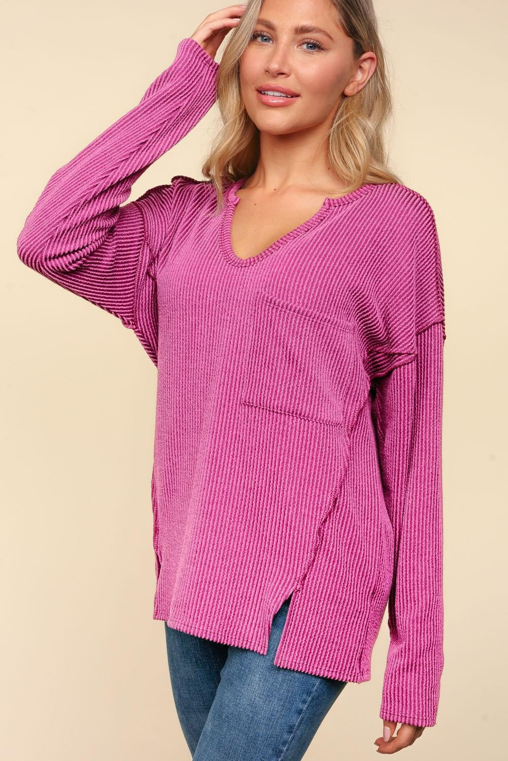 Mineral Washed Ribbed Long Sleeve Pocket Top - Magenta