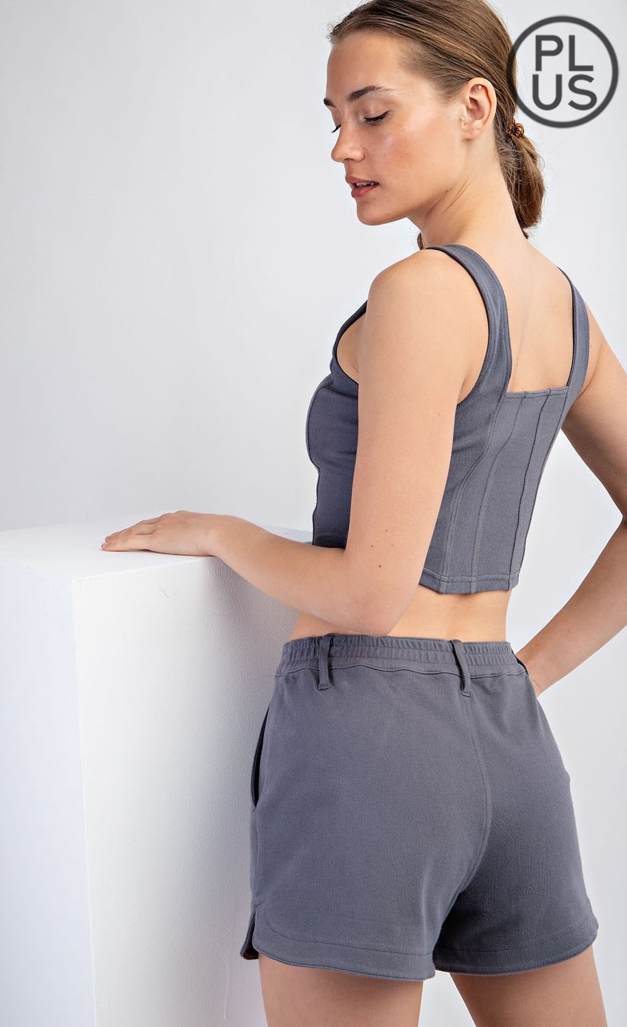 Final Sale: Cotton Stretch Twill Square Crop Top by Rae Mode - Titanium