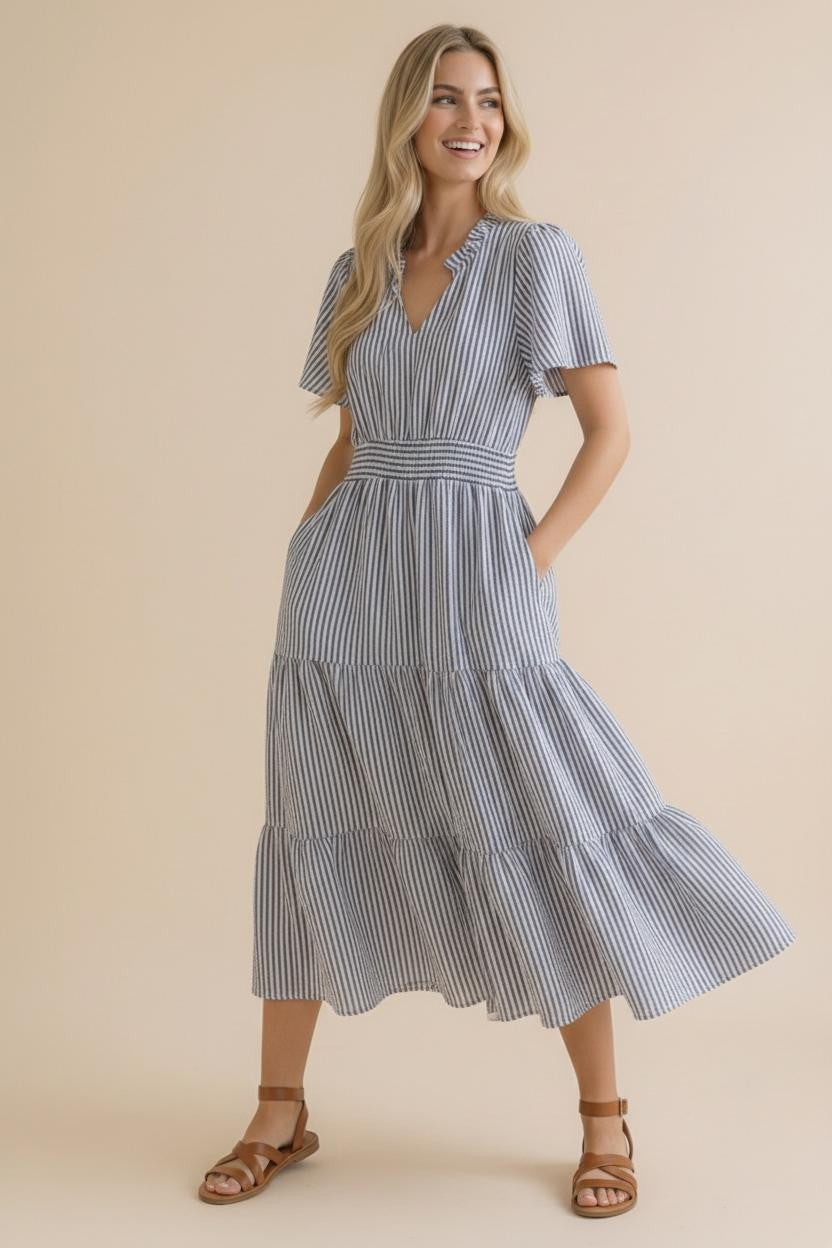 Ivory & Navy Vertical Striped Tiered Maxi Dress