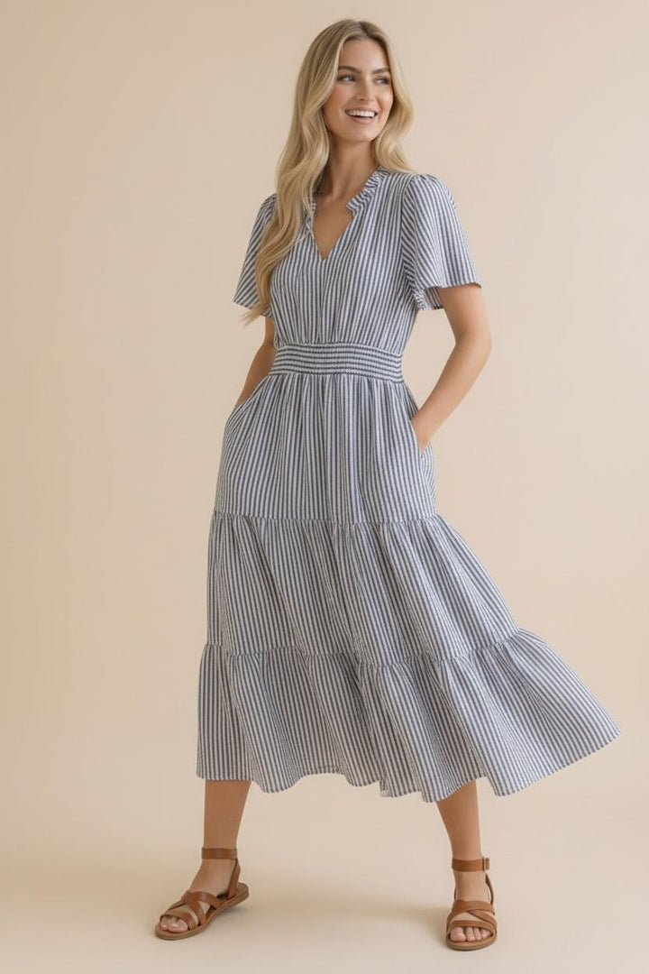 Ivory & Navy Vertical Striped Tiered Maxi Dress