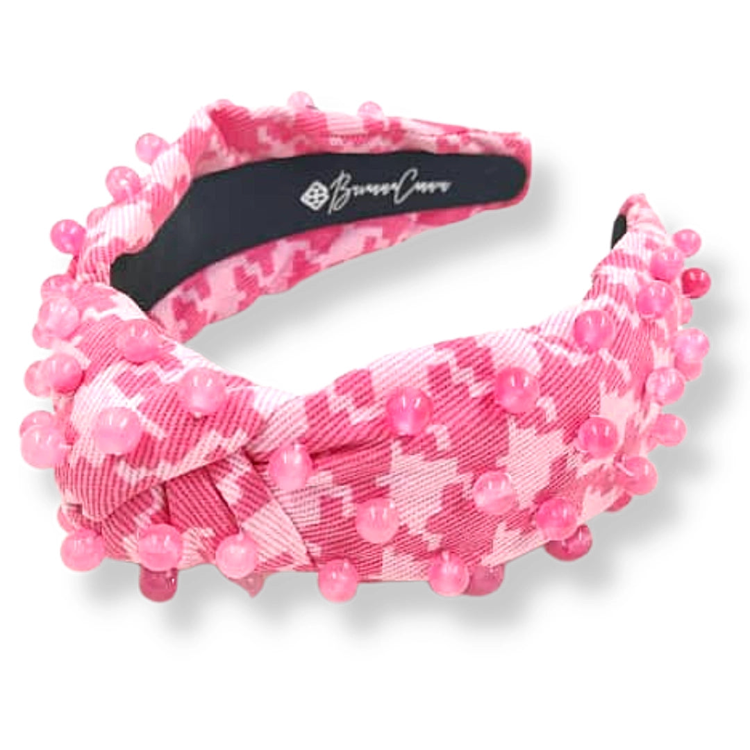 Pink Denim Houndstooth Headband with Pink Beads by Brianna Cannon