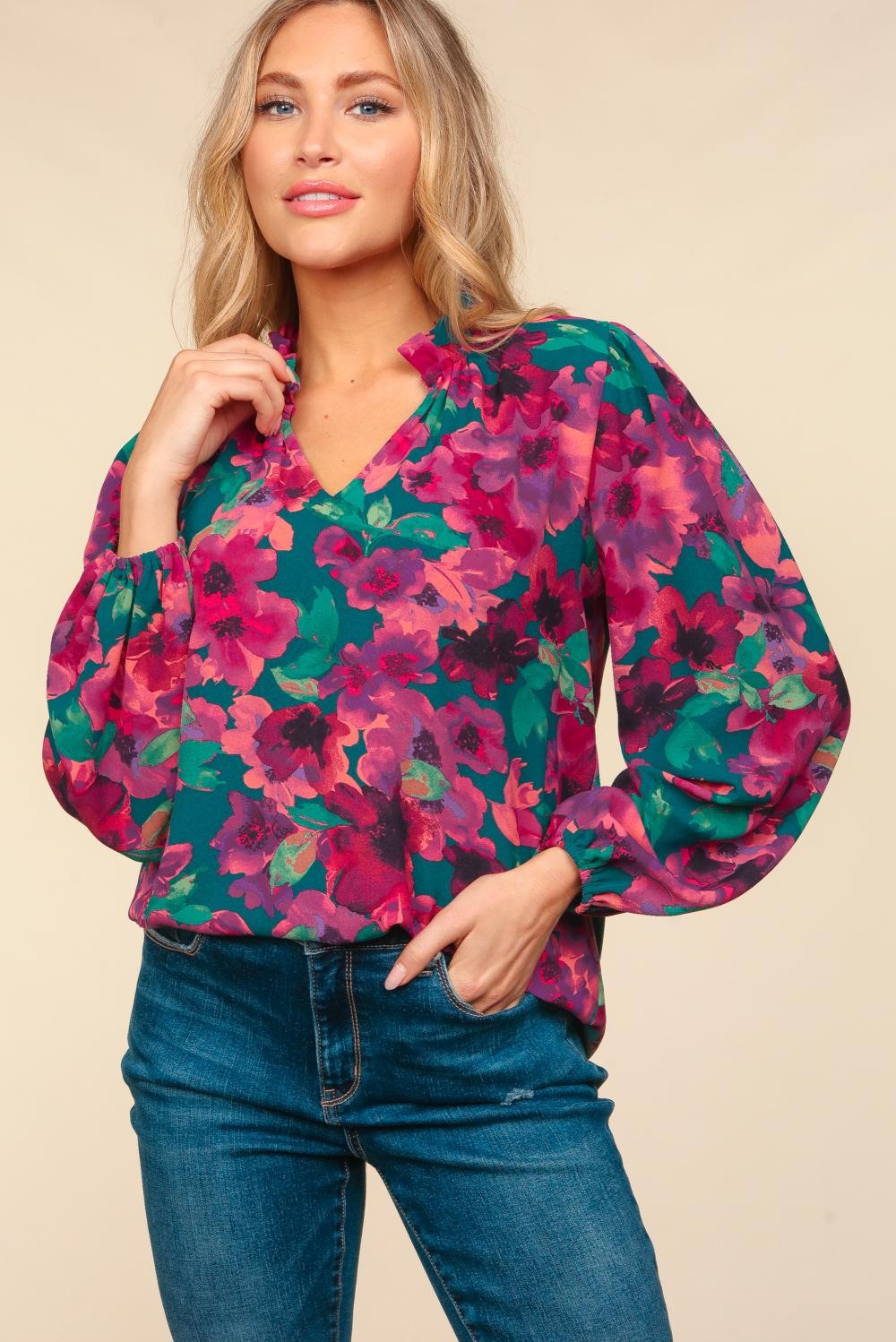 Watercolor Floral Bubble Sleeve Top