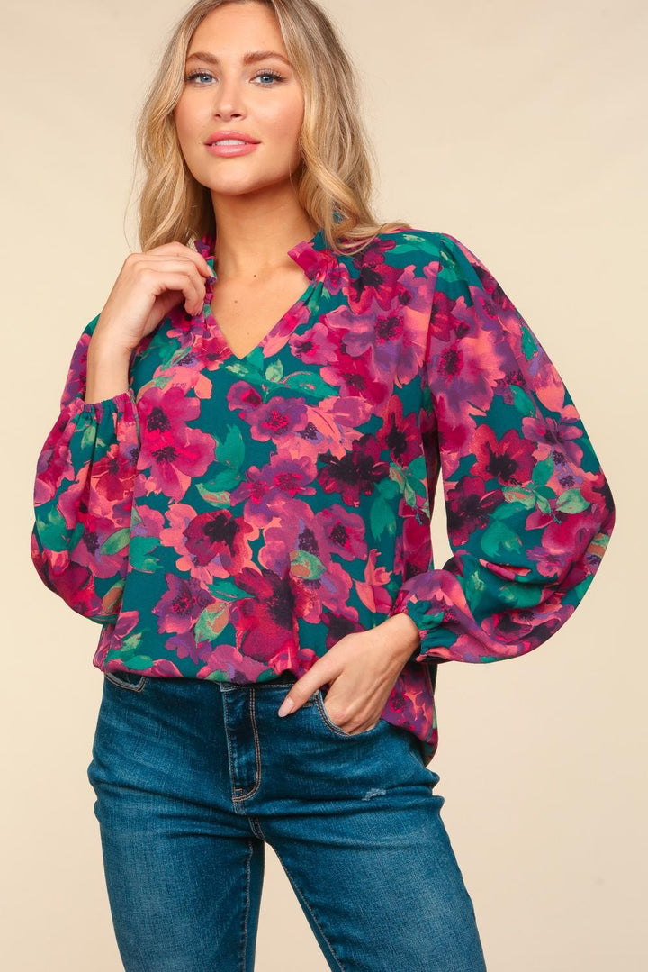 Watercolor Floral Bubble Sleeve Top