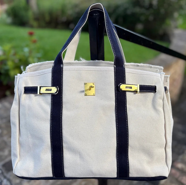 Boatkin - Navy Trim Gold Buckle Canvas Tote