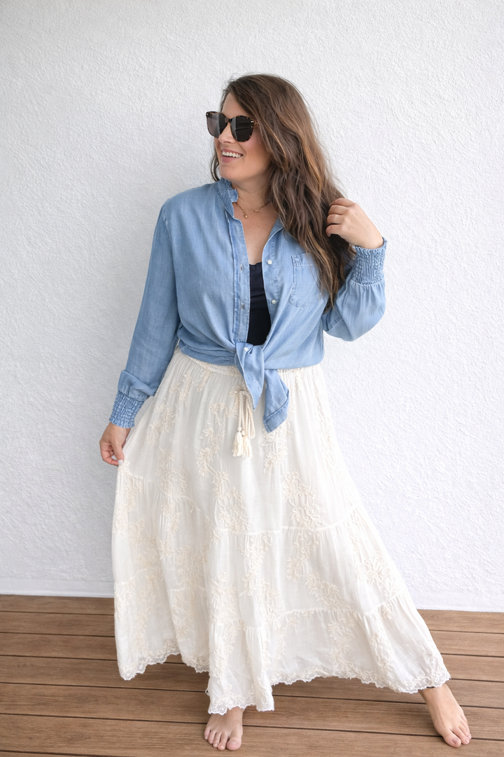 Ivory Embroidered Maxi Skirt by POL