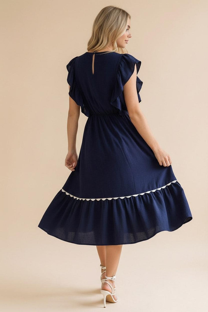 Ric Rac Ruffle Short Sleeve Midi Dress - Navy