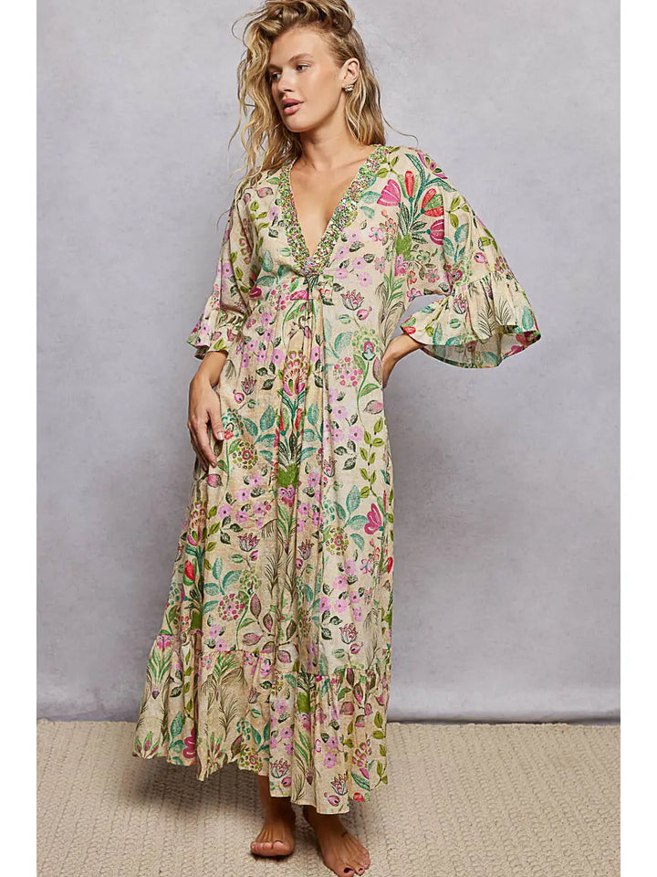 Deep V-Neck Beaded Ruffle Maxi Dress - Vanilla Multi by POL