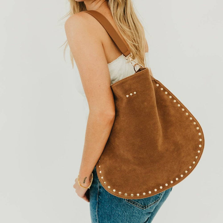 Rosalie Rivet Suede Hobo Bag - Camel by Pretty Simple