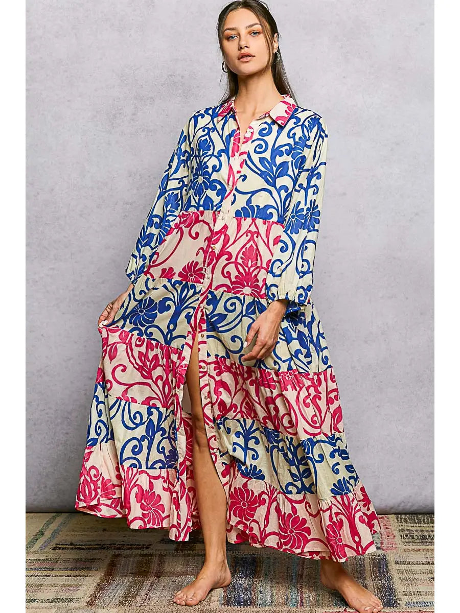 Button-Front Bold Colorful Maxi Dress - Pink & Blue by POL
