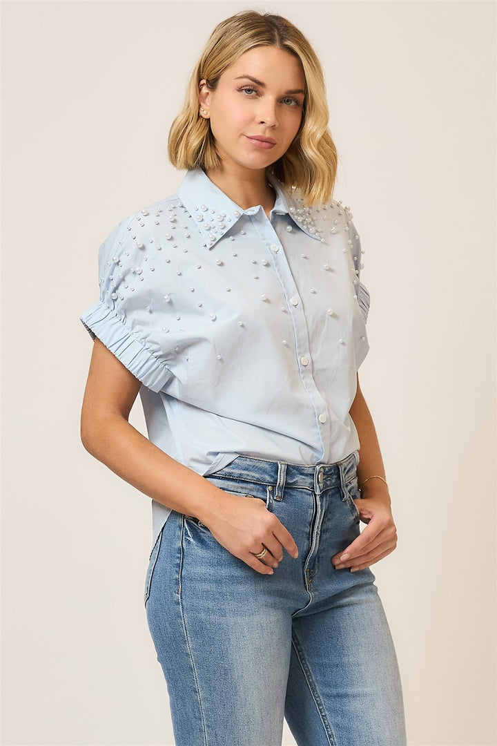 Pearl Studded Cap Sleeve Button Up Top - Light Blue by Cozy Co