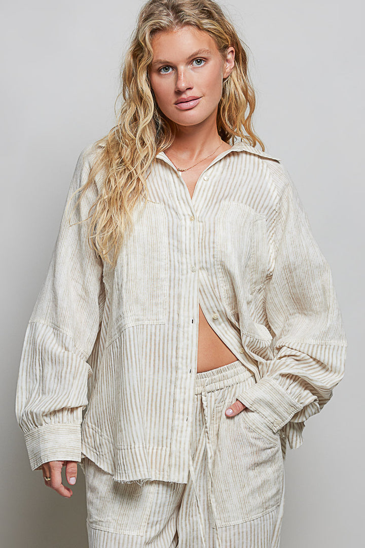 Striped Raglan Long Sleeve Woven Shirt by POL
