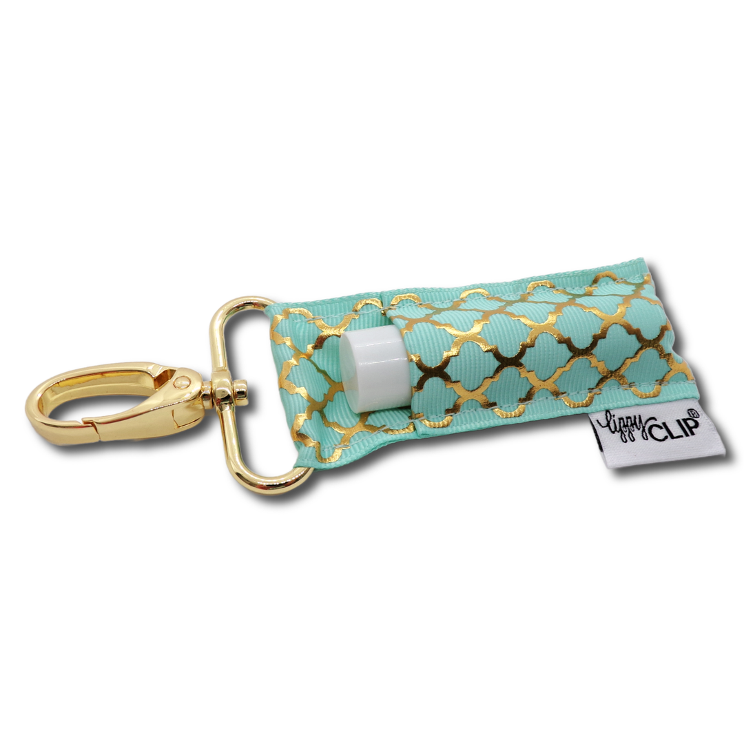 Gold Quatrefoil on Aqua LippyClip® Lip Balm Holder (PREORDER: Ships in 2-3 Weeks)