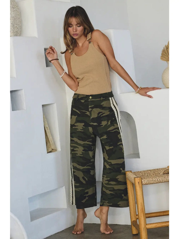 Camo Washed Denim Cropped Pants with White Lace Trim by Oddi