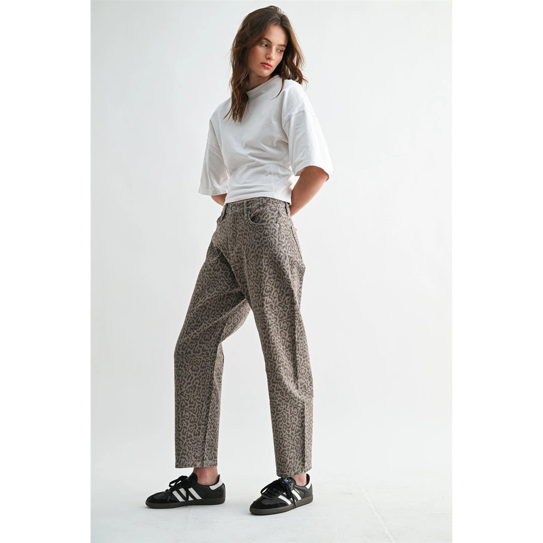 Printed Ash High Rise Straight-Tummy Tuck Ankle Barrel Pants By Mica Denim