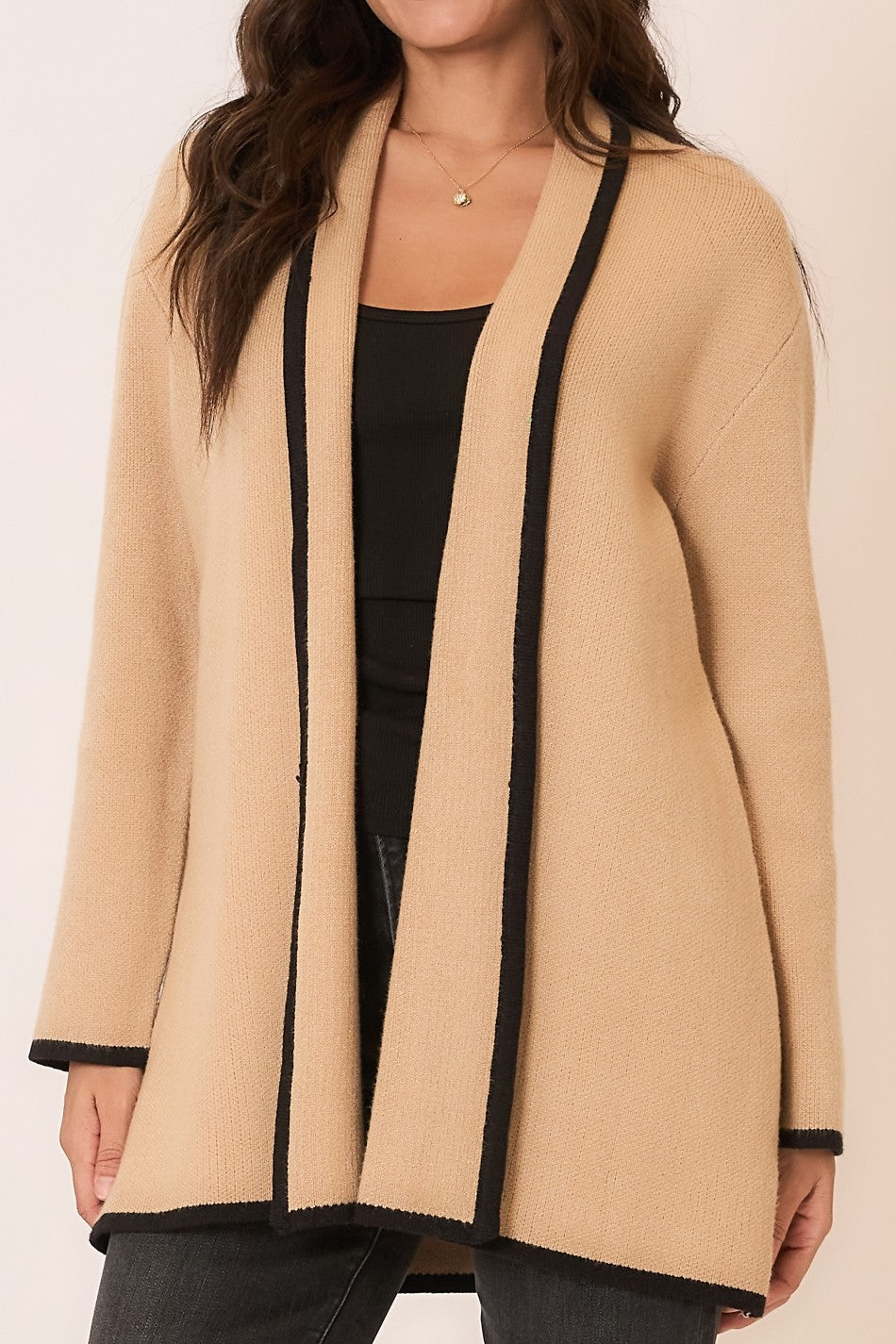 Contrast Hem Stripe Heavy Knit Cardigan - Taupe/Black by Cozy Co
