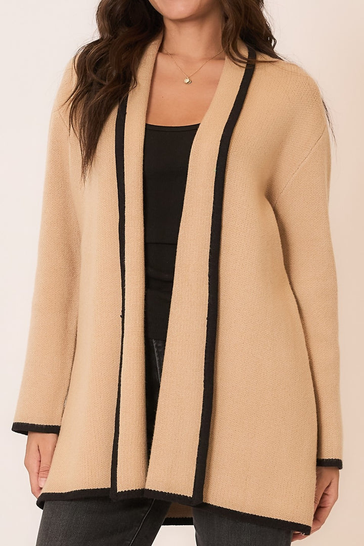 Contrast Hem Stripe Heavy Knit Cardigan - Taupe/Black by Cozy Co