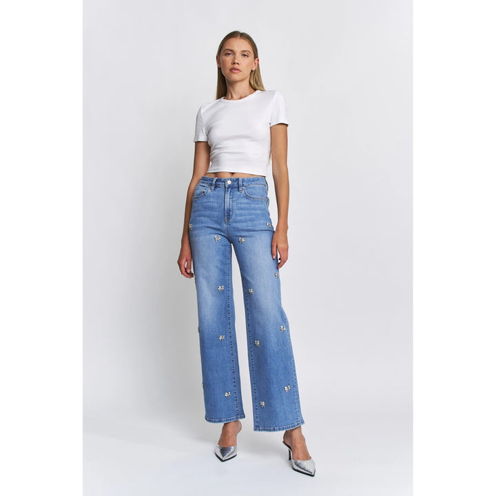 Bluish High Rise Wide Leg Bow-Embellished Denim Pants By Mica Denim