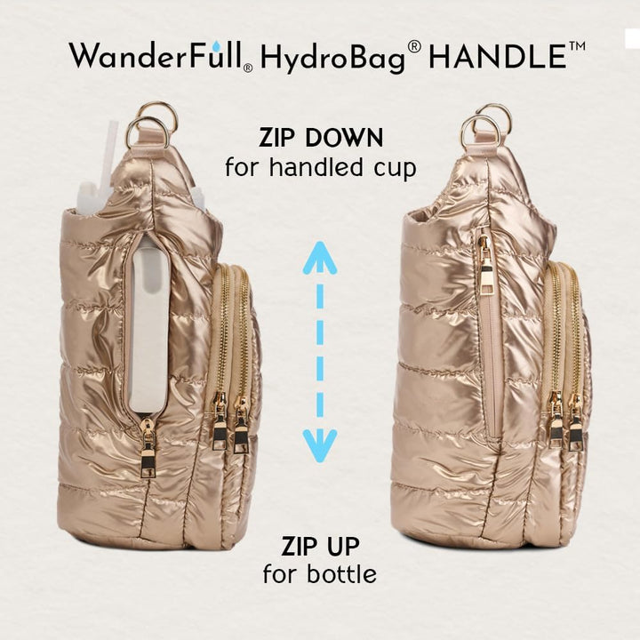 JUNE MARKET: HydroBag® HANDLE®- Gold Shiny with Vegan Leather Trimmed Solid Strap by Wanderfull (Ships in 2-3 Weeks)