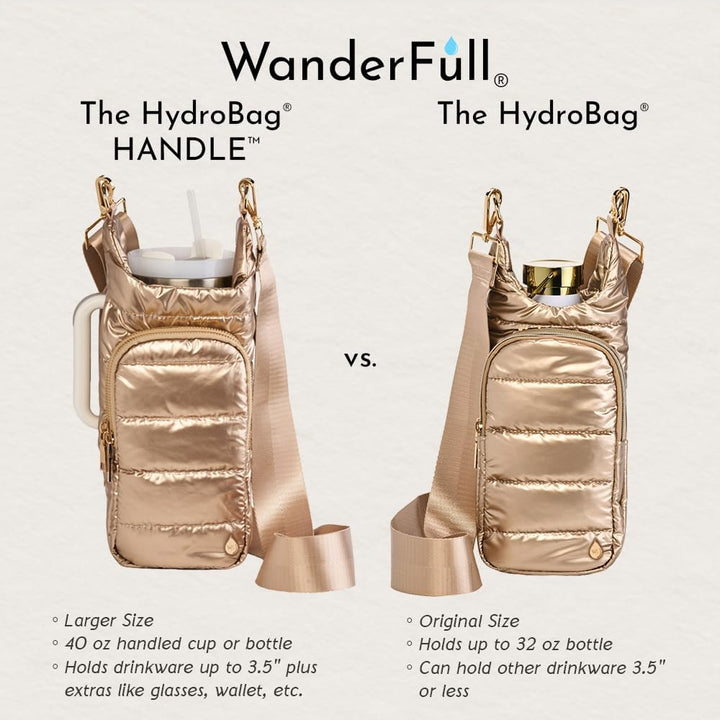 JUNE MARKET: HydroBag® HANDLE®- Gold Shiny with Vegan Leather Trimmed Solid Strap by Wanderfull (Ships in 2-3 Weeks)