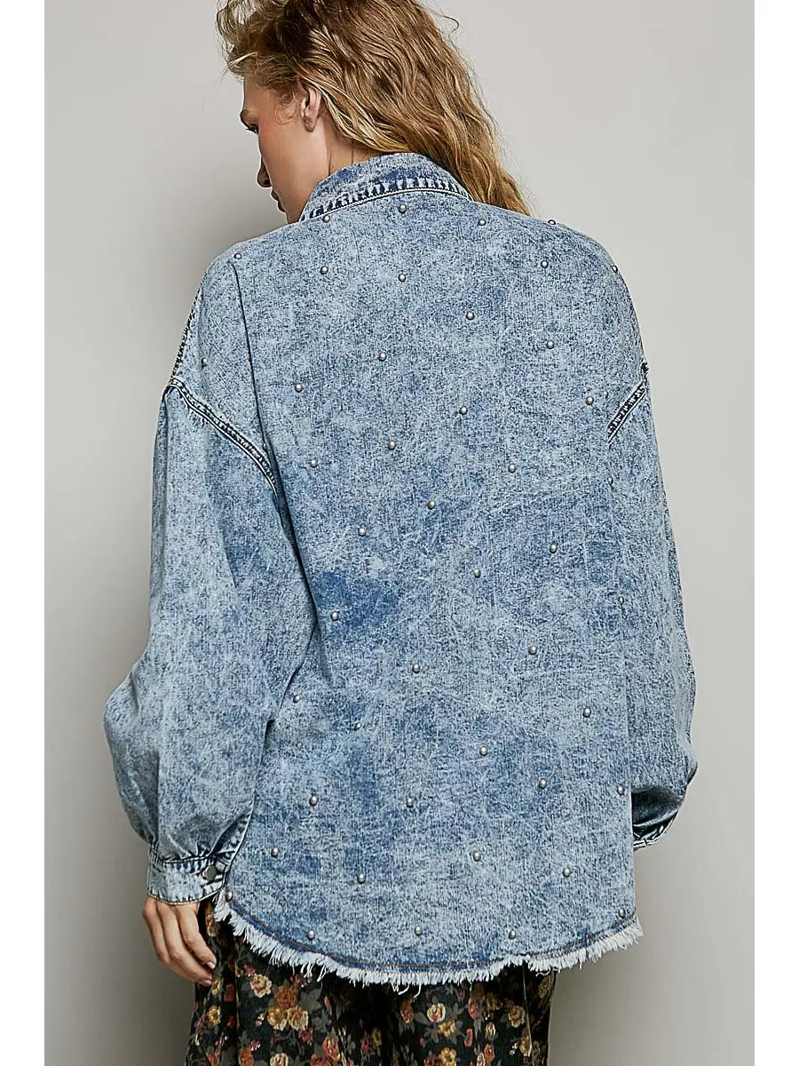 Studded Oversized Utility Denim Jacket by POL