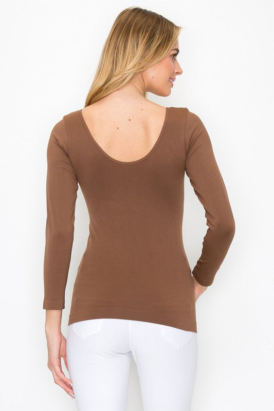 Seamless Reversible V-Neck Long Sleeve Top - Coffee by Yelete
