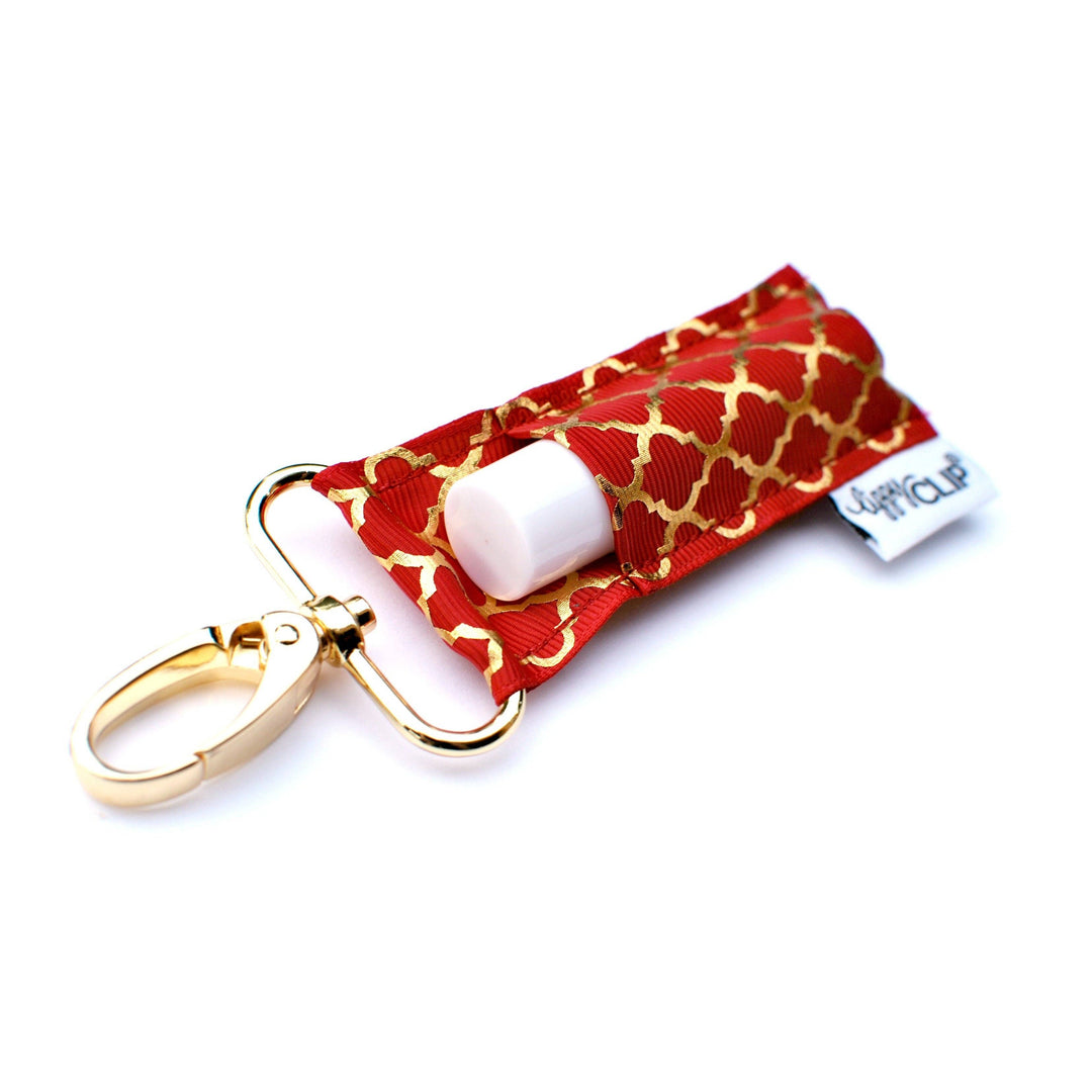 Gold Quatrefoil on Cranberry LippyClip® Lip Balm Holder (PREORDER: Ships in 2-3 Weeks)