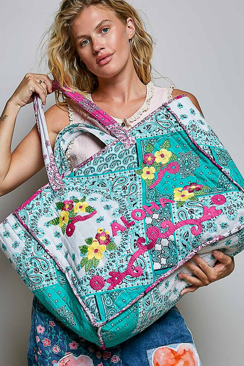 'Aloha' Embroidered Quilted Tote Bag - Mint by POL